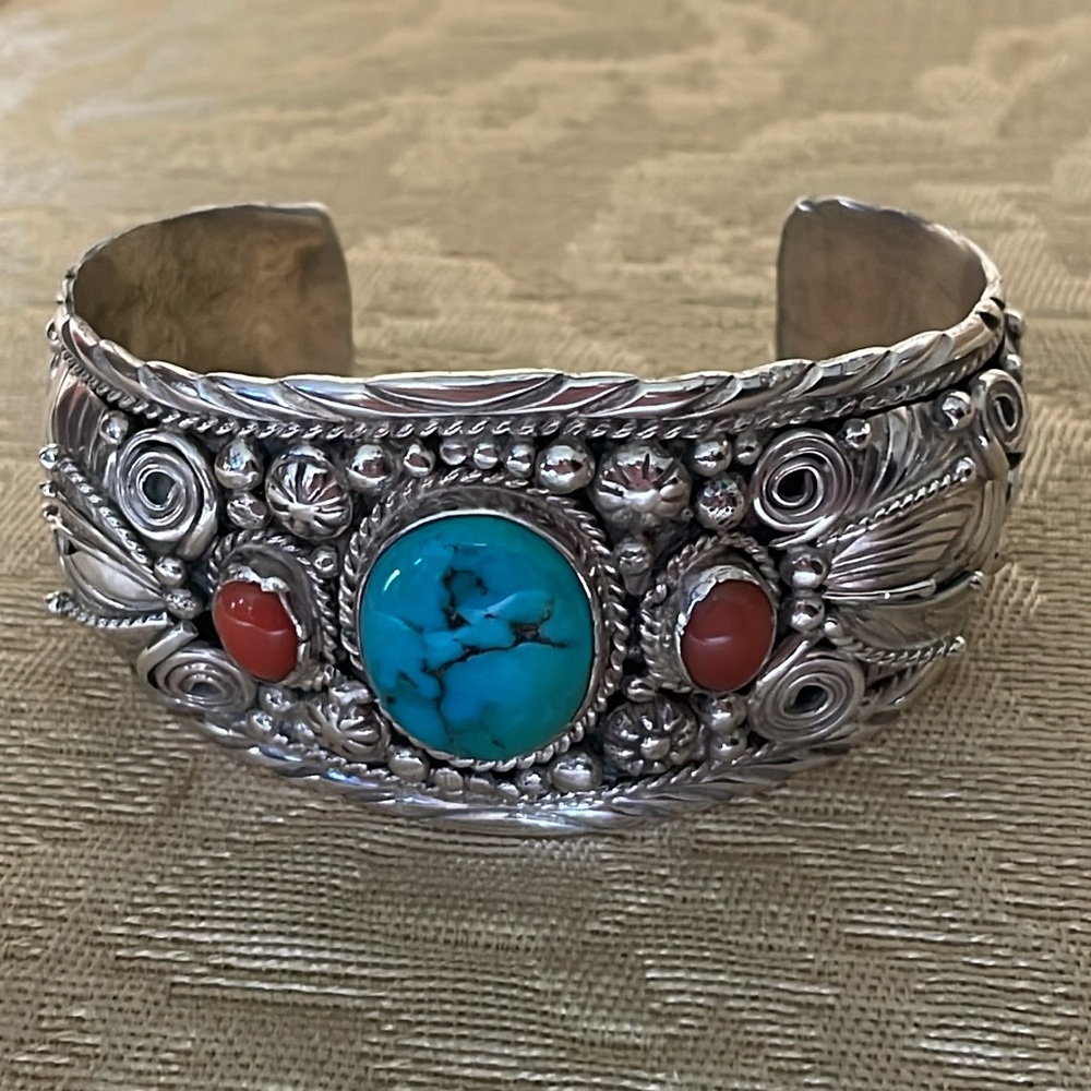 Turquoise & Coral Sterling Cuff